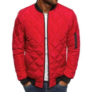 Imagem de ZONTO Jaqueta masculina de malha de diamante, casaco curto, de algodão, ajuste solto, estilo esportivo, Vermelho, 3G