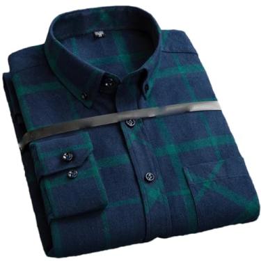 Imagem de Camisa social masculina plus size para lazer masculina algodão lixado flanela quente casual manga longa gola xadrez, Algodão 158, G