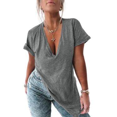 Imagem de Tankaneo Camiseta feminina de manga curta com decote em V profundo e fenda lateral grande para o verão, Cinza, M
