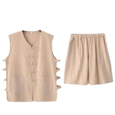 Imagem de Eesuei Conjunto de shorts de verão de algodão fino de linho de meia-idade estilo chinês sem mangas, camisa retrô, roupas masculinas, Colete bege, GG