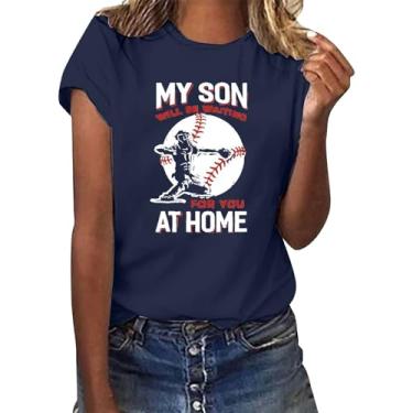 Imagem de PKDong Camiseta feminina de beisebol com estampa My Son at Home, manga curta, gola redonda, casual, verão, Azul marino, 3G