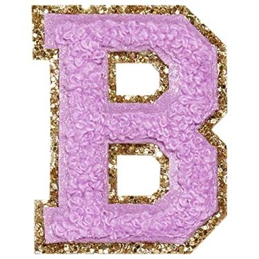 Imagem de 3 Pçs Chenille Letter Patches Ferro em Patches Glitter Varsity Letter Patches Bordado Bordado Borda Dourada Costurar em Patches para Vestuário Chapéu Camisa Bolsa (Roxo, B)