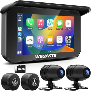 Imagem de WEUASTE Câmera de painel portátil para motocicleta, TPMS para motocicleta, sem fio Apple Carplay e navegação GPS automática Android para motocicleta, IPS Moto Carplay de 5 polegadas, tela sensível ao