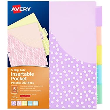 Imagem de Avery Divisórias para fichários de 3 anéis, 5 divisórias de fichário, divisórias de plástico com bolsos, abas grandes inseríveis, designs clássicos pastel, funciona com protetores de folha, 1 conjunto