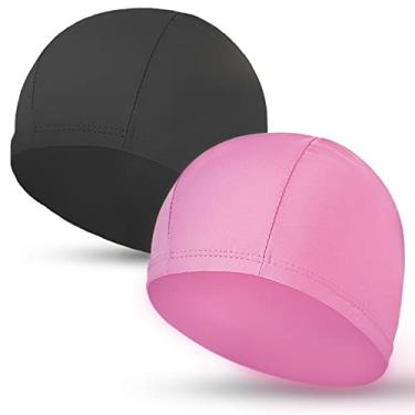 Imagem de Toucas de natação de tecido 2 peças para mulheres e homens e crianças tecido durável não impermeável elástico touca de banho para cabelos longos e curtos (preto e rosa)