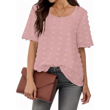 Imagem de MLXSJ Túnica feminina casual de verão 2024 de chiffon, blusas de bolinhas suíças, manga curta, gola redonda, rosa, G