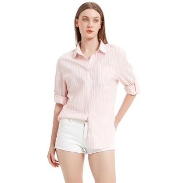 Imagem de Camisa feminina de linho, algodão, gola V, abotoada, manga comprida, blusa casual de trabalho, 55% linho, 45% algodão, Giz rosa, M