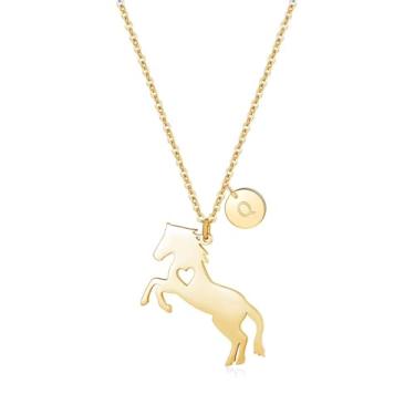 Imagem de AOAMID Colar de cavalo feminino, colares com inicial para mulheres, colar pequeno e delicado com pingente de 26 letras, pingente de cavalo preenchido em ouro 14k ou prata com pingente de disco com