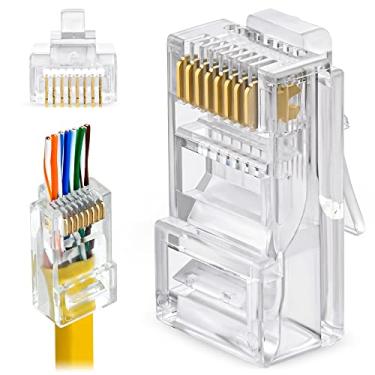 Imagem de GTZ Conectores RJ45 Cat6 Pass Through – Pacote com 100 – EZ para crimpagem de plugue modular para cabo de rede UTP sólido ou trançado – Extremidade do conector Ethernet macho