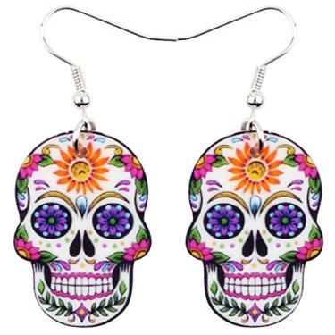 Imagem de DALANE Brincos de crânio floral engraçados de acrílico para Halloween, joias para mulheres, meninas, presentes, 30mm x 21mm, Acrílico, Sem pedra preciosa