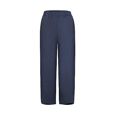 Imagem de Calça capri feminina de linho casual de verão calça cropped leve calça palazzo larga macia calça com bolsos, #A1-azul-marinho, XXG