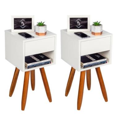 Imagem de FL DECOR, Kit 2 Mesas de Cabeceira Retrô 30cm Branco 1 Gaveta e Nicho Com Pés Palito em Madeira Maciça Quarto Lateral da Cama - En