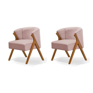 Imagem de Kit 2 Poltronas Luxo Moderna Luna Pés em Madeira Maciça Veludo Rosê