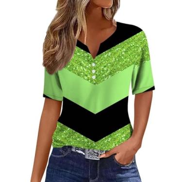 Imagem de Camisetas femininas de verão 2024 com gola V moderna e manga curta, estampa de patchwork, túnica solta, Verde, XXG