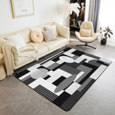 Imagem de Feelyou Tapete geométrico 7 x 12 preto branco cinza tapete decorativo para meninos meninas adolescentes geometria retangular quadrado tapete de sala de estar arte abstrata moderna tapete de chão