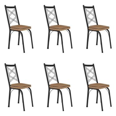 Imagem de Kit 6 Cadeiras De Cozinha Delaware Estampado Rattan Bege Pés De Ferro Preto