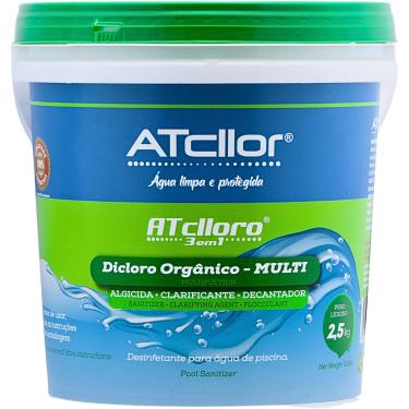 Imagem de AtCllor, Cloro multifuncional 3 em 1, Orgânico, Concentrado e estabilizado para piscina, Clarifica, Algicida, Decanta, AtClloro, Teor de ativo 36,47%, Granulado, 2,5 Kg, Verde