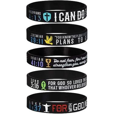 Imagem de Pacote com 5 pulseiras inspiradoras de silicone com versículo bíblico cristão - Filipenses 4:13, Jeremias 29:11, Isaías 41:10, João 3:16, Lucas 1:37 - Presentes de igreja para homens e mulheres,