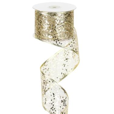 Imagem de MEEDEE Fita de malha de arame com glitter dourado champanhe com fita de Natal champanhe brilhante fita metálica de 6 centímetros fita de champanhe para decoração de árvore de Natal, fabricação de arco de guirlanda (25 jardas)