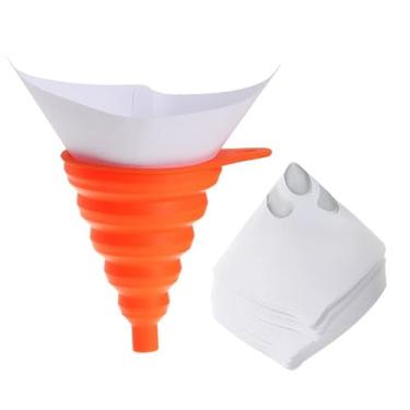 Imagem de Nayciiy Pacote com 100 filtros de tinta com pontas de filtro de 100 mícrons coadores de tinta cone com 1 funil de silicone de funil de tinta de papel adequado para pintura de carro, móveis, madeira, tinta mecânica (100, 100 mícrons)