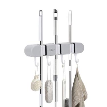 Imagem de Bntyok Suporte de vassoura com 3 compartimentos e 4 ganchos, organizador de ferramentas de jardim, suporte de parede para casa, lavanderia, cozinha, armário, galpão, garagem, organização e