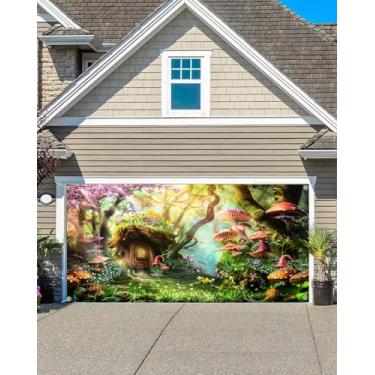 Imagem de Decoração de porta de garagem de 1,8 x 4,8 m de fundo de conto de fadas com estampa de floresta de cogumelos encantados, crianças, meninas, princesas, festa de aniversário, chá de bebê, decoração de