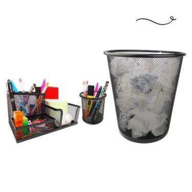 Imagem de Kit Escritório Organizador de Mesa Lixeira Porta Caneta Lápis Preto - 