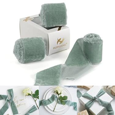 Imagem de HUIHUANG 3 rolos de fita de veludo de seda desgastada com franjas azuis empoeiradas fita de casamento rústica com borda crua para buquê de noiva, convites, convites, gravata, livros de votos de chá de 5 cm x 1 jarda - 2 m total