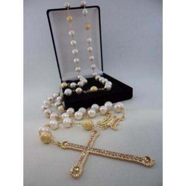 Imagem de Terço pérola água doce 8mm - p.n. diamant. - folh. ouro - armazem