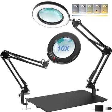 Imagem de LANCOSC Lupa 10X com Luz e Suporte, Lâmpada de Mesa com Ampliação de Base Grande com Braçadeira, Modo de 5 Cores com Escurecimento Contínuo, Lupa Iluminada por Led, Mãos Livres para Detalhes, Trabalho