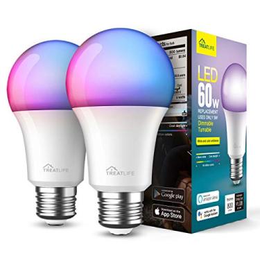 Imagem de TREATLIFE Pacote de 2 Lâmpadas Inteligentes, Lâmpadas de Mudança de Cor com Sincronização de Música, Funciona com Alexa, Google Assistant, A19 E26 9W 800 Lúmens Led Lâmpada Inteligente Regulável, Para