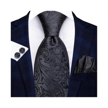 Imagem de Gravata de Seda Paisley Preta para Homens - Conjunto com Lenço e Aboto