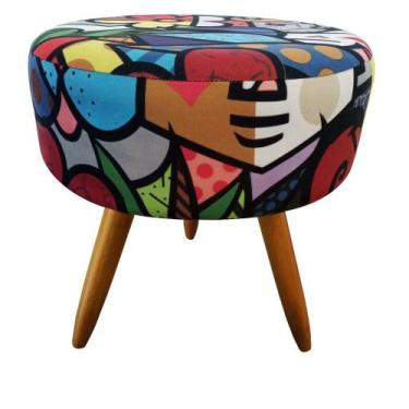 Imagem de Puff Puf Decorativo Lavínia Romero Gato Redondo Pés Palito E Estampas 