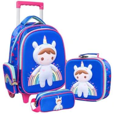 Imagem de Kit 3 Peças Mochila Infantil pequena Bonequinha unicórnio com Rodinha/
