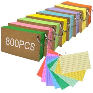 Imagem de Cartões de índice de 7 x 12 cm, 800 peças com anéis, 8 cores, cartões de índice pautados, cartões coloridos com forro sortido, papel fino, bloco de notas para escritório, casa e escola