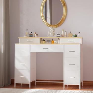 Imagem de VASICAR Cômoda para quarto com 9 gavetas e 2 prateleiras abertas, armário de armazenamento de tecido, cômoda, cômoda longa para armário, topo de madeira e moldura de metal, branco clássico