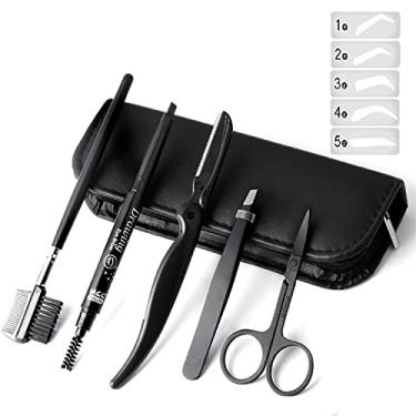 Imagem de Kit de cuidados para sobrancelhas, conjunto de sobrancelhas com lápis de sobrancelha, tesoura, pente de pincel de sobrancelha, pinças, lâmina de barbear para homens e mulheres, preto