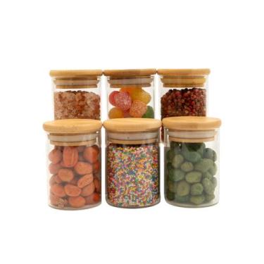 Imagem de kit 6 potes de vidro 110ml tampa de bambu hermético redondos - Tud, U,