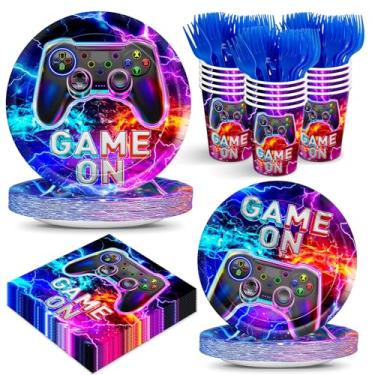 Imagem de 120 peças de pratos de festa de videogame, guardanapos, jogos em artigos de festa de aniversário, copo neon para vídeo, ppaer, utensílios de mesa para jogos, suprimentos de festa para meninos e