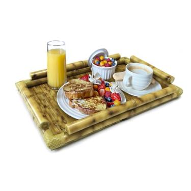 Imagem de Bandeja Bambu Natural Café de Manhã Cantinho do Café Decorativa para Servir Retangular Grande com Alças 36x55cm