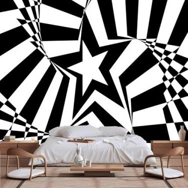Imagem de Lcythiazole Papel de parede preto e branco com pentagrama e papel de parede geométrico irregular para sala de estar, quarto, sala de jantar, tamanho removível e personalizável
