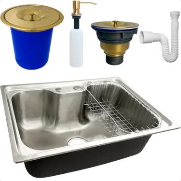 Imagem de Dona D Cor, Cuba Gourmet Inox 304 60x42 Com Lixeira De Embutir 5 Litros Dourada Porta Detergente 350ml Valvula E Sifão Flexivel Kit Pia 5 Peças Kit Pia Cozinha