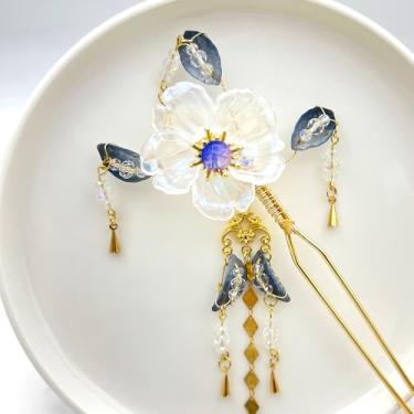 Imagem de Cayyoomm Jasmim de pétala transparente de núcleo azul com borla de folha azul Hanfu grampo de cabelo chinês antigo acessório para cabeça grampo de cabelo clássico elemento Han (jasmim transparente)