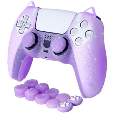 Imagem de HLRAO Capa protetora de silicone antiderrapante com glitter compatível com controle PS5/Slim/Pro, 8 peças de tampas de aperto de polegar com glitter e 2 tampas (roxo gato)