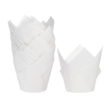 Imagem de HARFINGTON 50 peças de forros de cupcake de tulipa copos de papel padrão para assar embalagens à prova de gordura descartáveis para banquetes de aniversário, festa branca