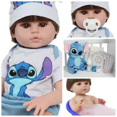 Imagem de Boneco Reborn Arthur 46cm Roupa Stitch Com Pelúcia 13 Itens - Cegonha 
