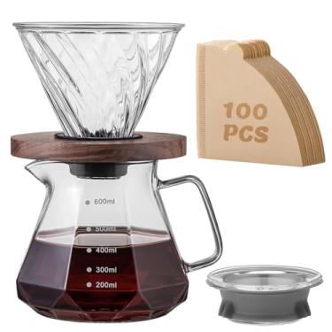Imagem de shoxil Conjunto de cafeteira para despejar – Cafeteira com alça de nogueira, coador de café de vidro e 100 filtros, capacidade de 600 ml