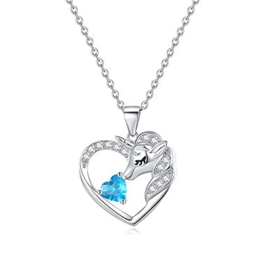 Imagem de RAODA Colares de unicórnios para meninas, colar de unicórnio banhado a ouro branco 18K para meninas adolescentes, presentes de unicórnio, colar com pedra do mês de nascimento de 1 quilate colar de coração com inicial para meninas de 4 a 6 anos, joias com pedra do mês de nascimento para meninas de 6 
