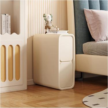 Imagem de Mesa lateral de sofá estreita | Mesa de cabeceira fina minimalista com 2 gavetas | Mesa de cabeceira de couro de microfibra, móveis de quarto de madeira para espaços pequenos, off-white, 35 x 40 x 50