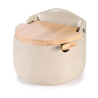 Imagem de Saleiro Açucareiro Porta Sal Cerâmica Com Tampa E Colher De Bambu Saleira Grano De Mesa Cozinha (Bege)